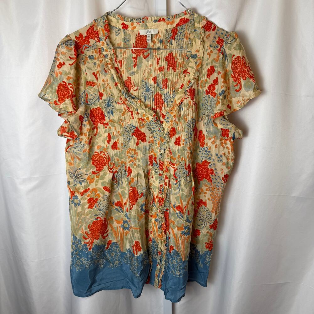Joie 100% Silk Floral Blouse M Pintuck Pleated Ruffle Boho Office Top Colorful